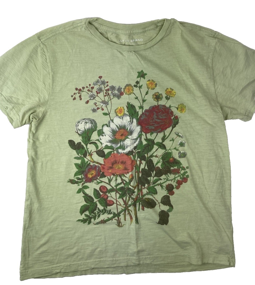 LUCKY BRAND Women's M Floral Graphic Tee Green Short Sleeve 100% Cotton EUC